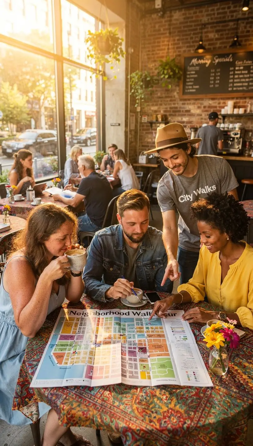 Przewodnik pokazujący uczestnikom ciekawe miejsca podczas spaceru.