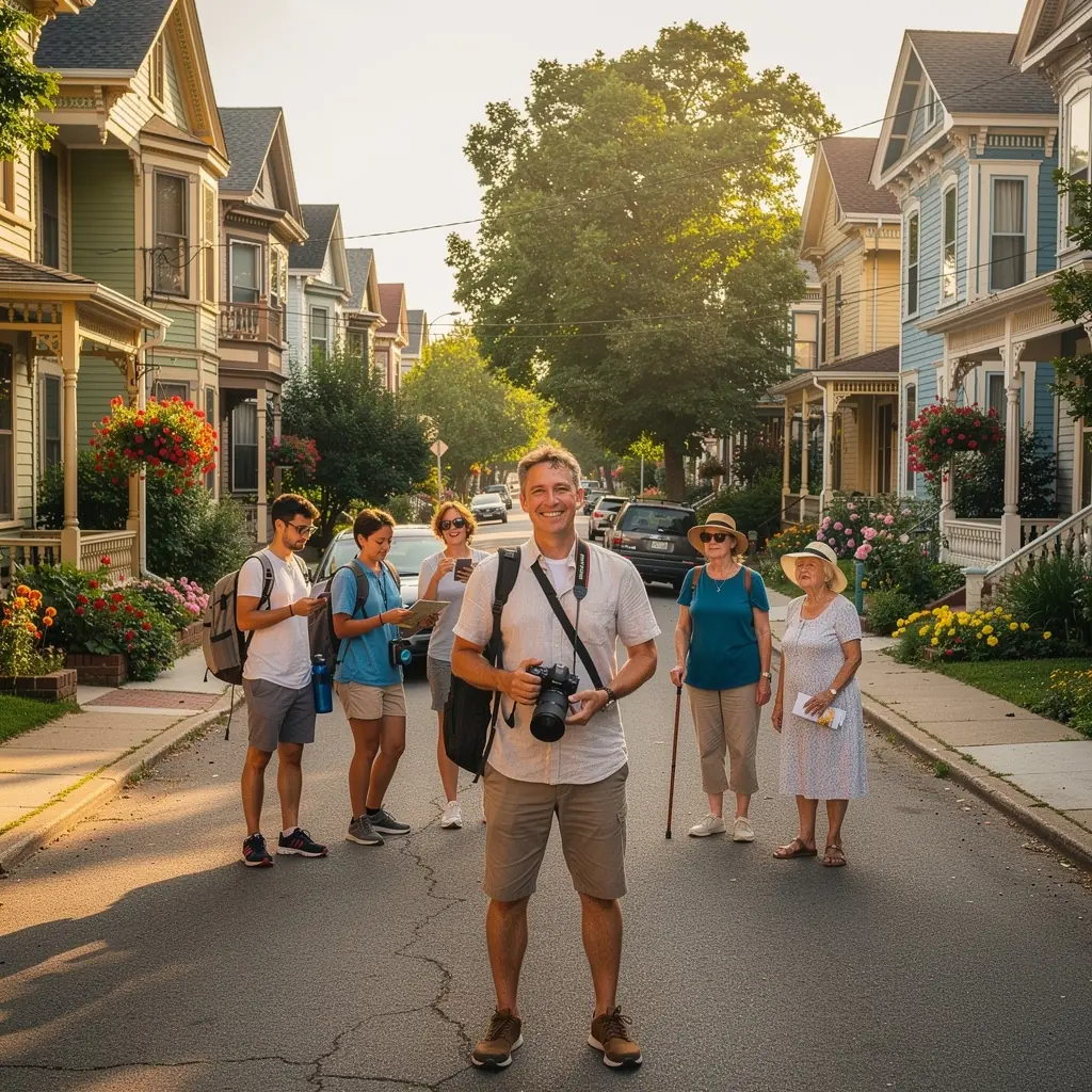 Grupa turystów spacerująca po urokliwej uliczce w lokalnej dzielnicy.