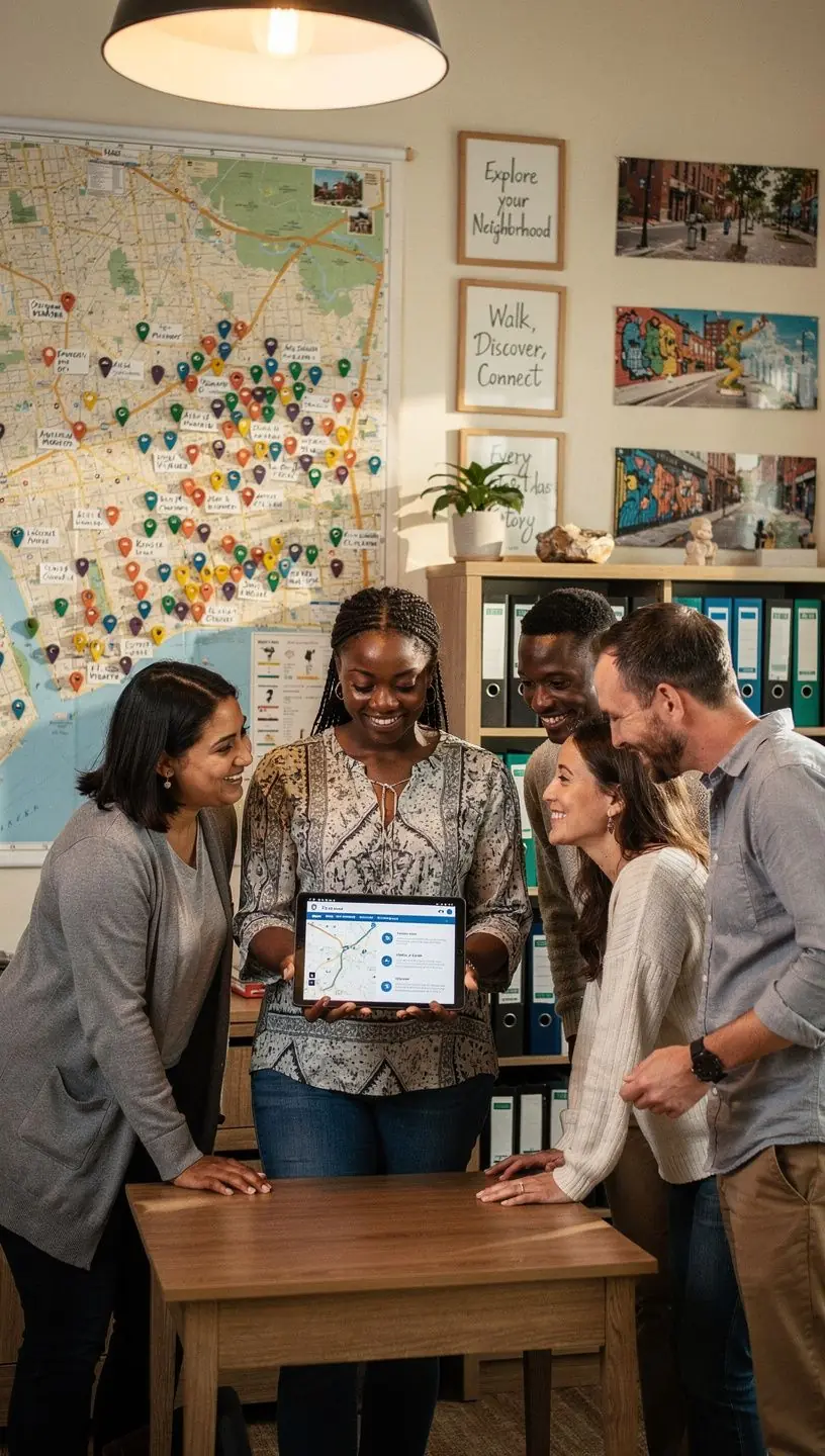 Grupa turystów zwiedzających malownicze uliczki lokalnej dzielnicy.