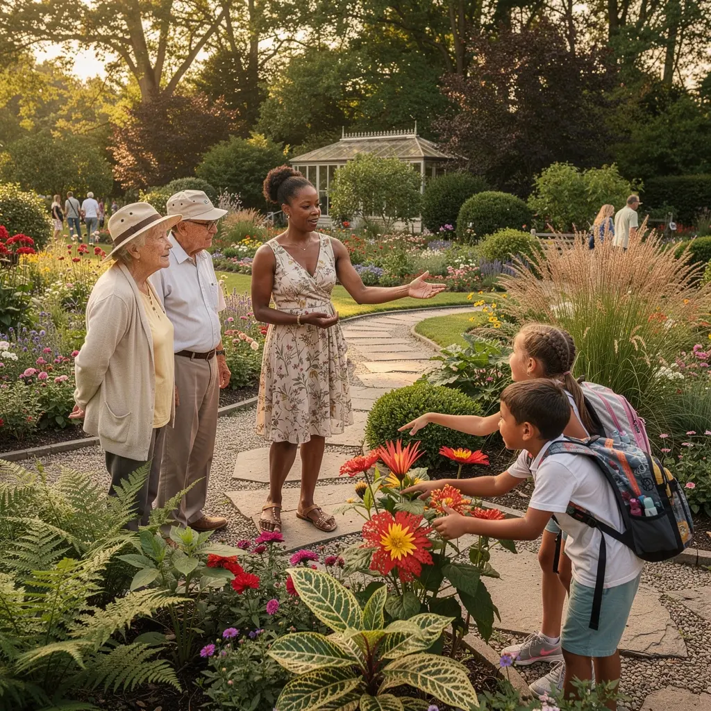 Przewodnik pokazujący turystom lokalne zabytki, z uśmiechami na twarzach, podczas wspólnego odkrywania miasta.
