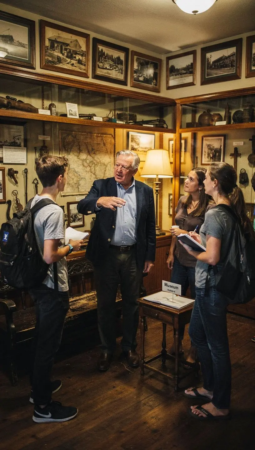 Grupa ludzi w parku, rozmawiających z przewodnikiem na temat historii i kultury danego miejsca.