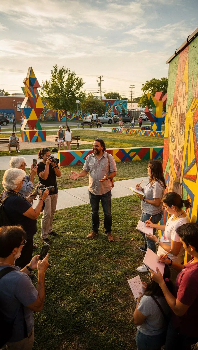 Widok na grupę turystów spacerujących po malowniczej uliczce, z lokalnym przewodnikiem wskazującym ciekawe miejsca.
